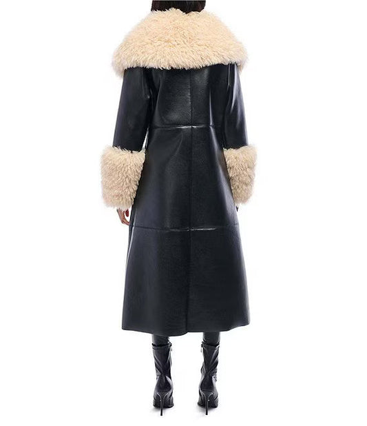 Fluffy faux leather trench coat