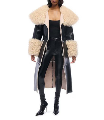 Fluffy faux fur trench coat