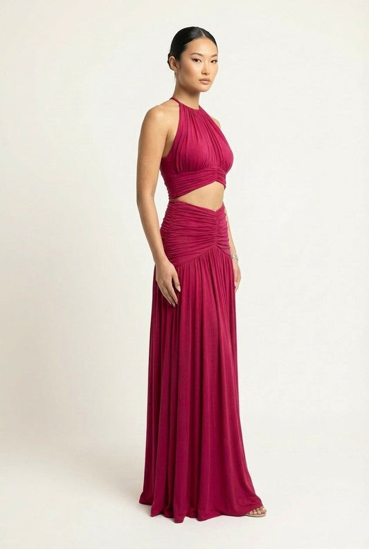 Women's Ruched Jersey Halter Maxi Dress with Midriff Cutout