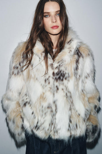 Snow leopard print faux fur coat