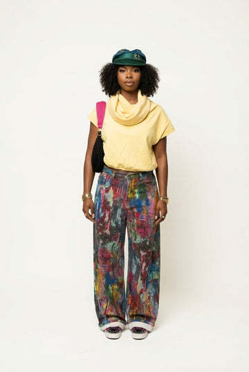 Artistic Boho Paint-Print Wide Leg Statement Jeans