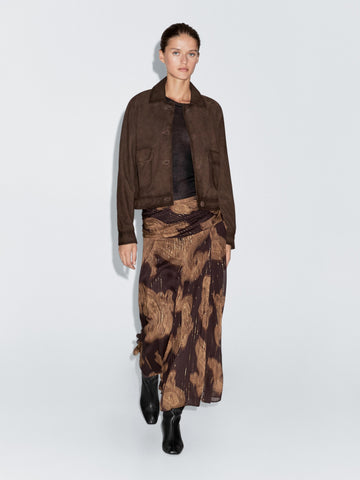 Brown suede fringed coat and paisley print midi skirt suit