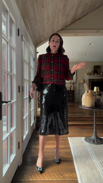Red plaid tweed and black sequined midi skirt suit