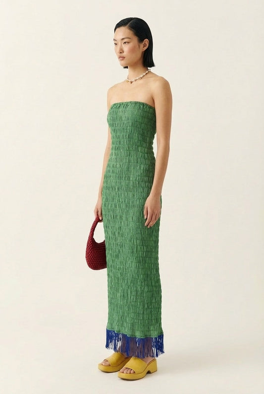 Women's Shirred Smocked Tube Dress With Fringe Hem Summer Maxi