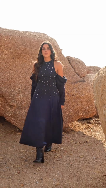 Navy blue embellished slit maxi dress