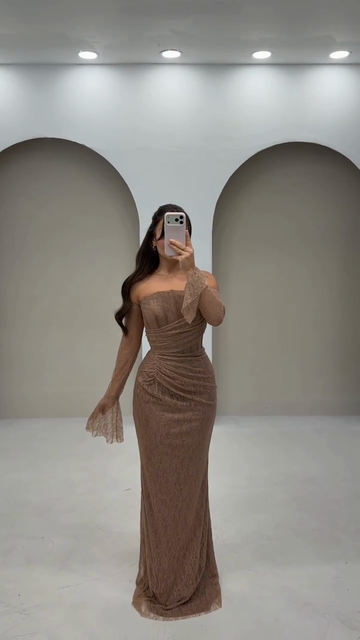 Mocha-colored lace off-shoulder maxi dress
