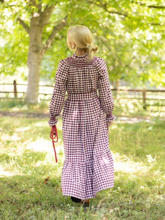 Burgundy Gingham Ruffled Maxi Dress