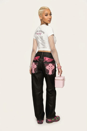 Y2K Gothic Cross Embroidered Black Straight-Leg Denim Jeans