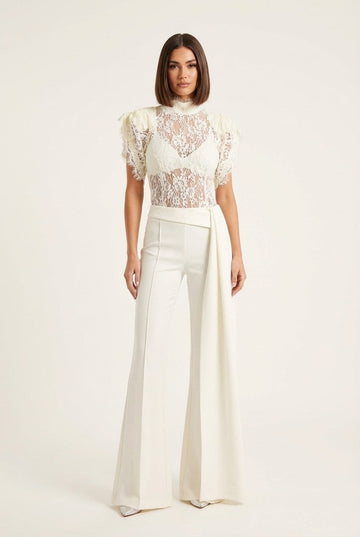 Women's Elegant Sheer Lace High Neck Blouse and Wide Leg Pants Set