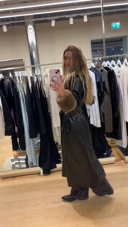 Leather trench coat with faux fur trim