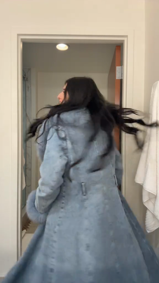 Blue denim jacket with fur trim