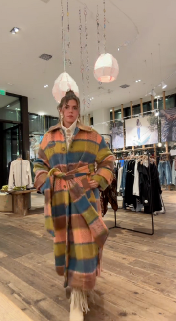 Multicolor striped belted maxi coat