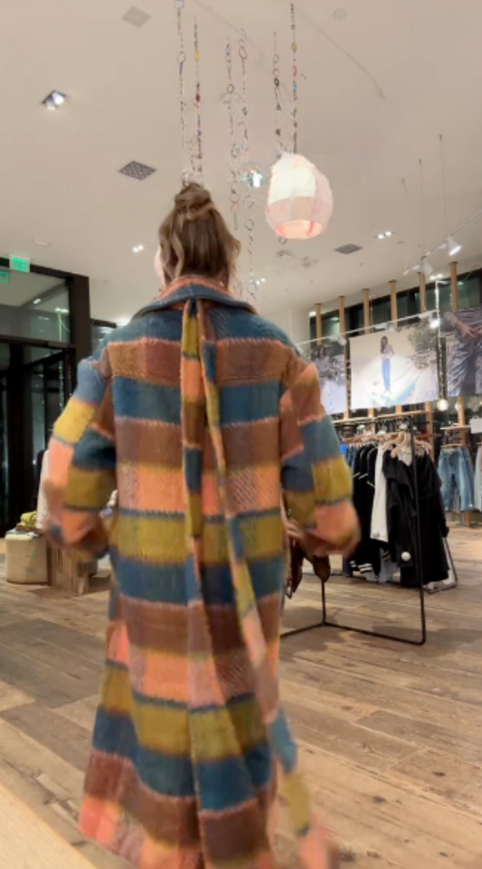 Multicolor striped belted maxi coat