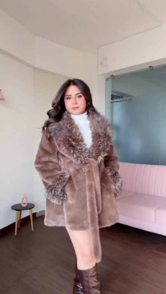 Brown faux fur belted coat
