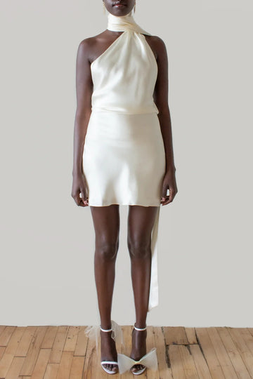 Long neckline satin spaghetti strap mini dress