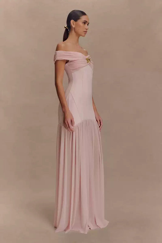 Off-shoulder floral embellished long dress