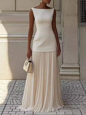 Boat neck pleated long skirt