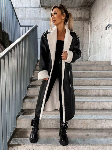 Faux Leather Shearling-Lined Trench Coat