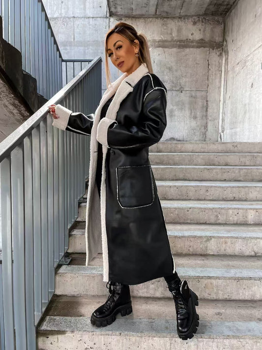Faux Leather Shearling-Lined Trench Coat