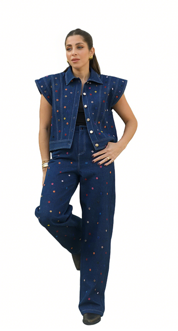 Dark denim sleeveless jacket and wide-leg pants suit
