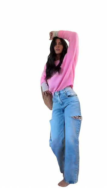 Light-colored washed distressed wide-leg jeans
