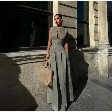 Sleeveless stand-up collar zipper midi dress