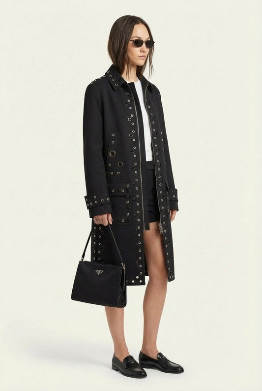 Women's Eyelet Embellished Longline Jacket Modern Punk Zip Coat