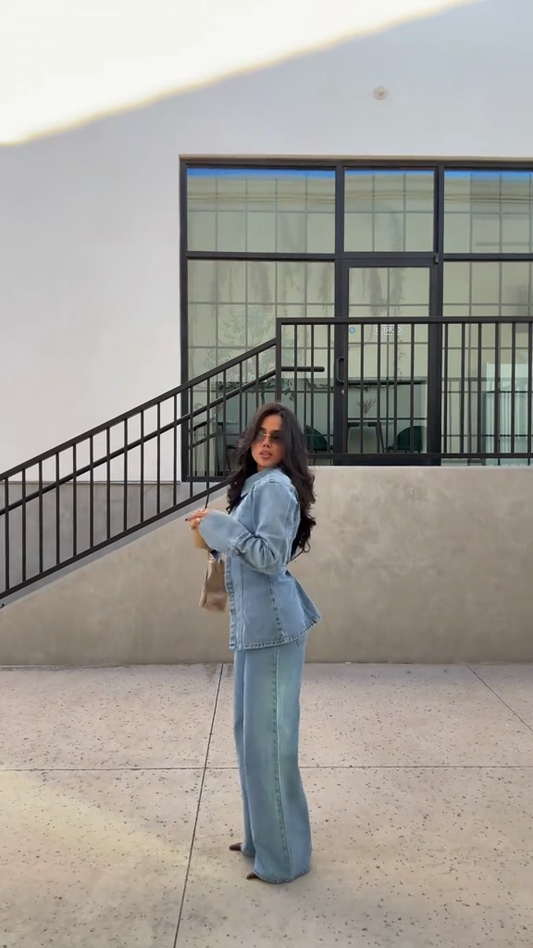 Asymmetrical denim suit