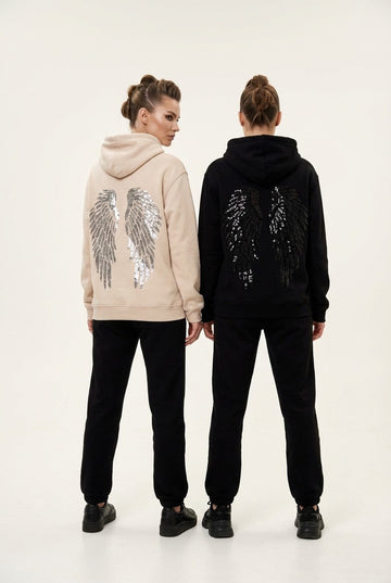 Women's Sequin Angel Wing Hoodie and Joggers Set Relaxed Streetwear