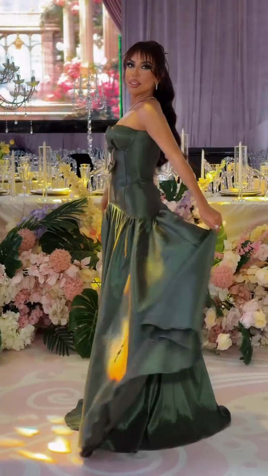 Emerald Satin Strapless Ball Gown