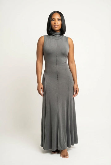 Women's Ribbed Sleeveless Maxi Dress Mock Neck Seamed Bodycon