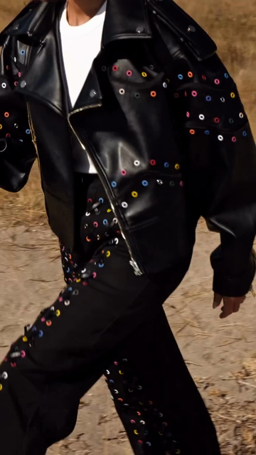 Black leather multi-colored perforated suit