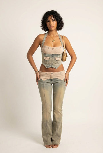 Women's Denim and Corduroy Corset Crop Top and Flare Pants Set