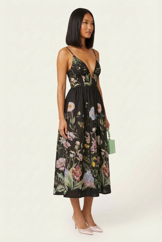 Women's Botanical Floral Deep V-Neck Midi Dress, Elegant Garden Party