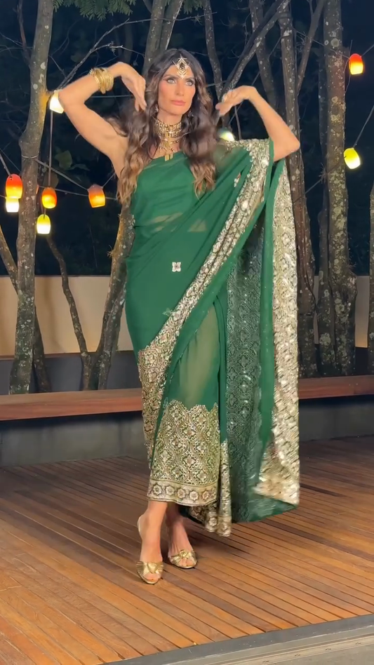 Emerald green embroidered sari