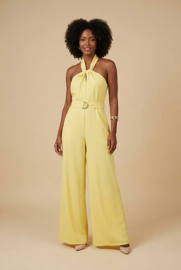 Women's Elegant Crepe Halter Wide Leg Jumpsuit with Belted Waist