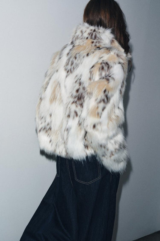 Snow leopard print faux fur coat