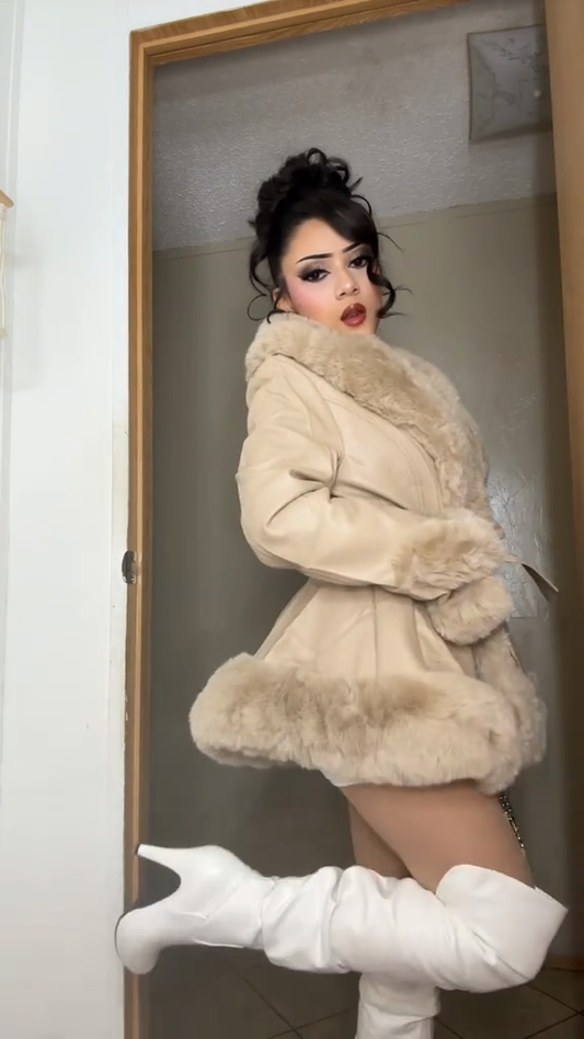 Beige faux fur belted coat