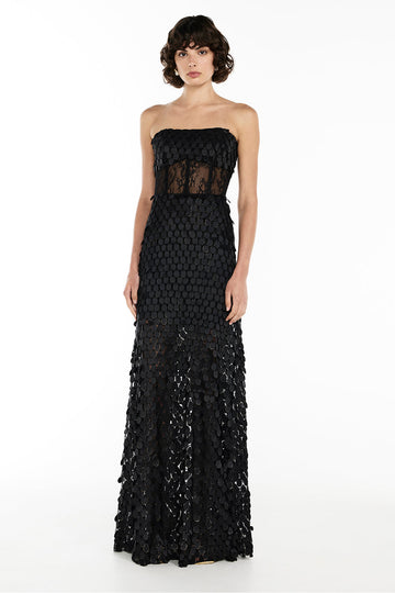 Black sequined lace strapless maxi dress