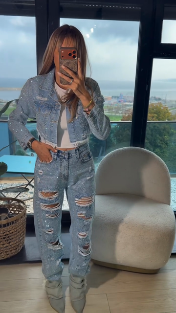 Rhinestone-studded distressed denim suit