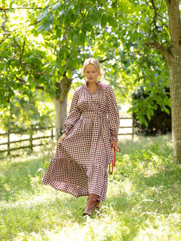 Burgundy Gingham Ruffled Maxi Dress