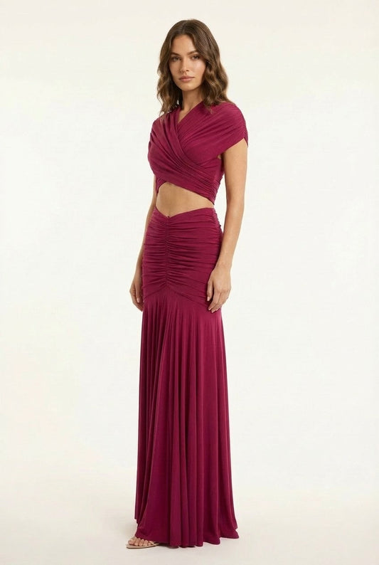 Women's Ruched Jersey Wrap Crop Top and Maxi Skirt Set, Berry Evening