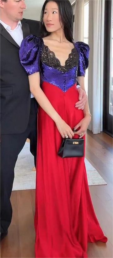 Color-blocked sequined lace maxi dress