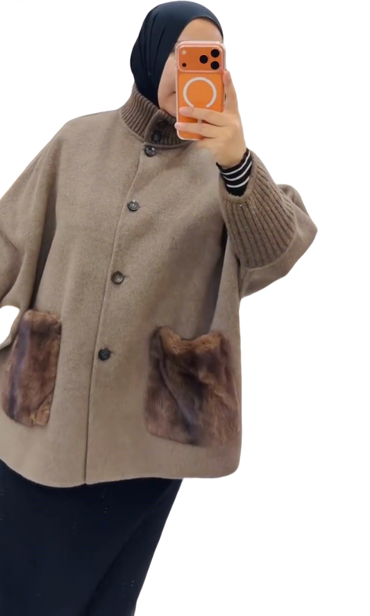 Knitted trim taupe wool coat