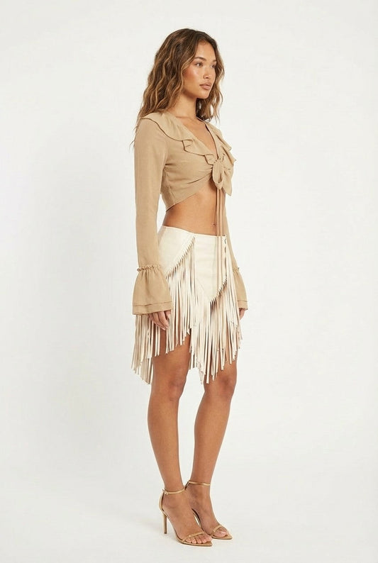 Women's Ruffled Chiffon Crop Top Tie Front Bell Sleeve Festival Blouse