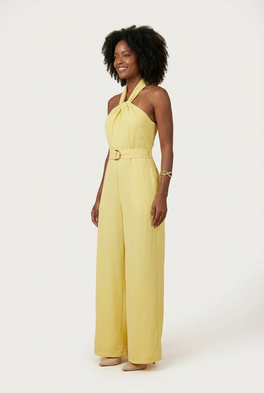 Women's Elegant Crepe Halter Wide Leg Jumpsuit with Belted Waist