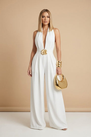 Women's Plunging Halter Wide Leg Jumpsuit with Gold Flower Accent