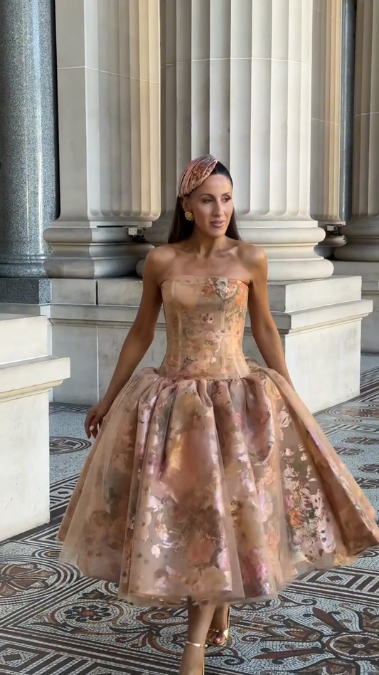 Floral-Print Strapless Tulle Gown