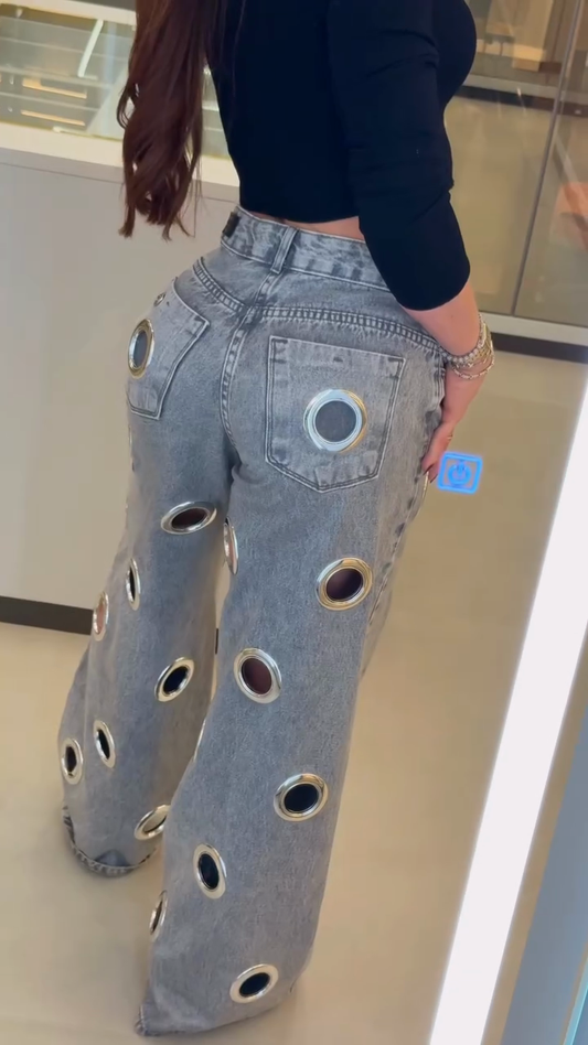 Light-colored washed openwork wide-leg jeans