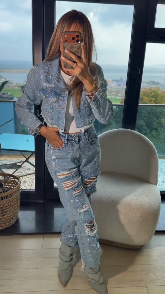 Rhinestone-studded distressed denim suit